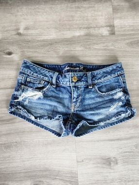 American Eagle Womens Y2K Micro Mini Denim Jean Shorts Size 0 Distressed Cotton